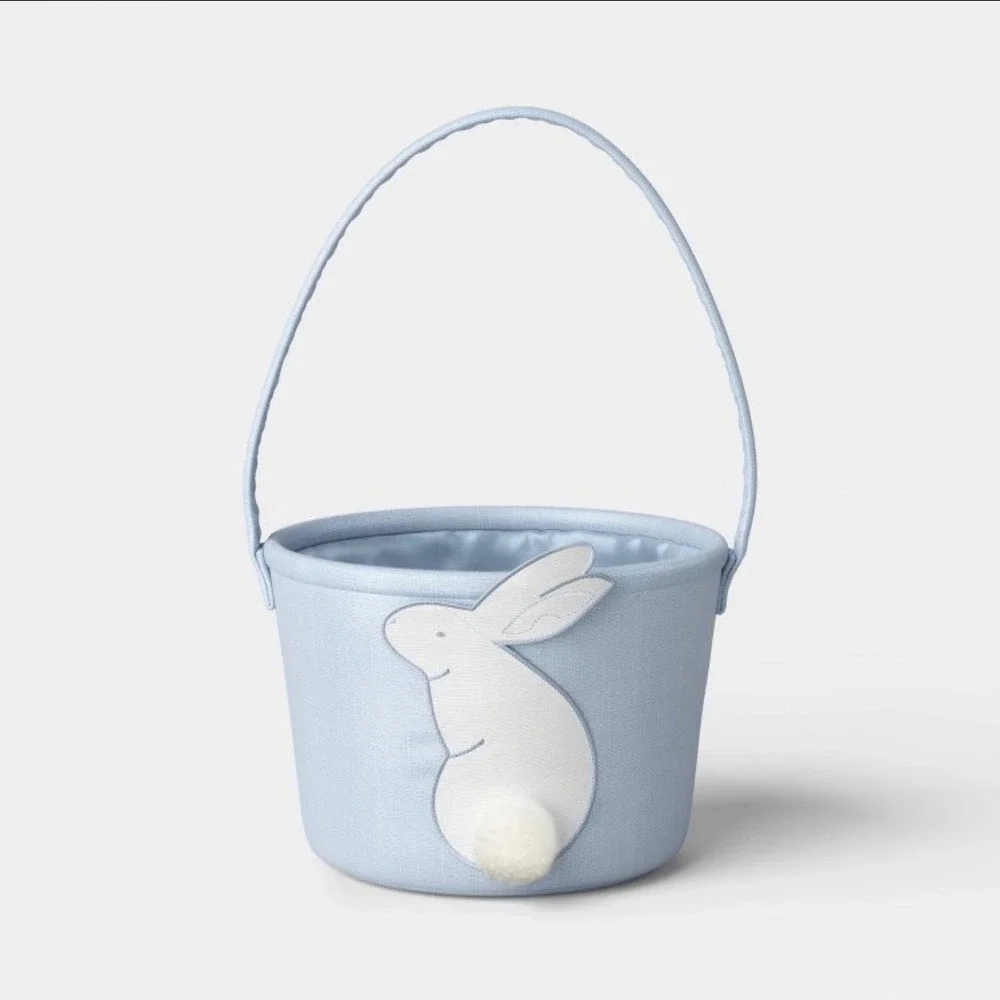 Threshold Blue Embroidered Bunny Easter‎ Basket Storage Tote with Pom Tail NEW